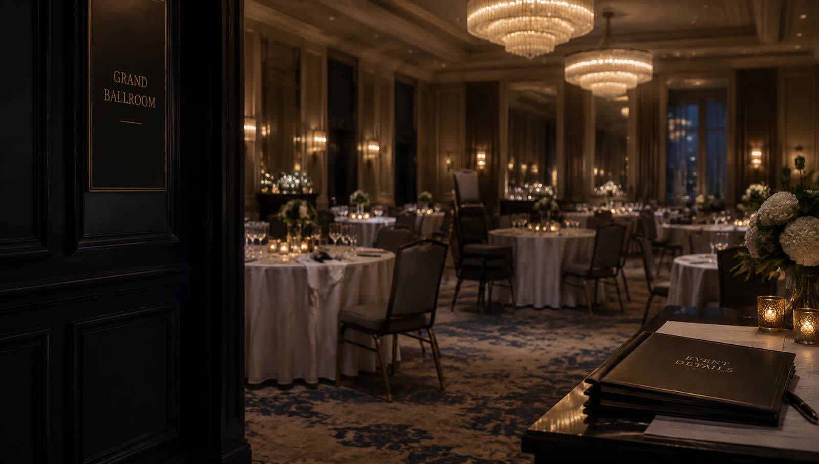 An empty hotel ballroom after an event, tables still set under dimmed chandeliers
